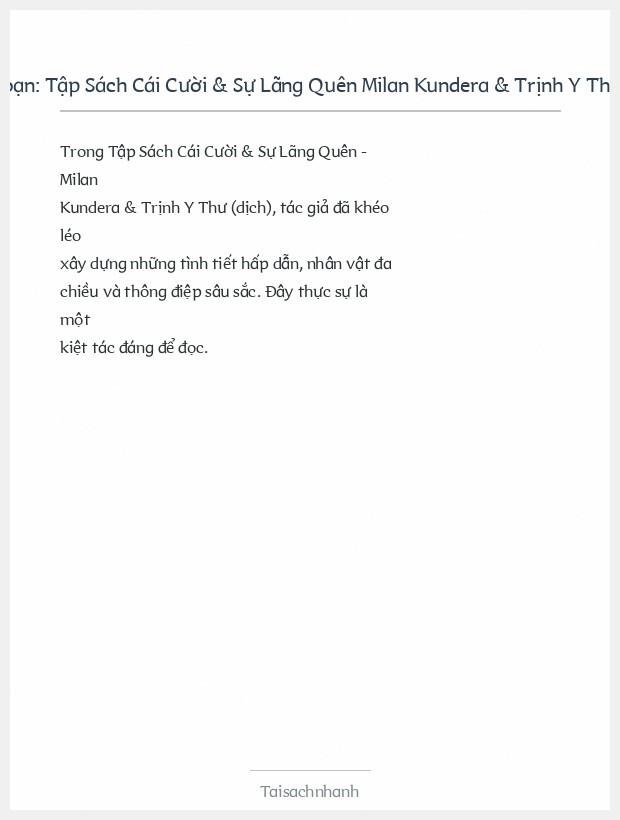 Trích đoạn Tập Sách Cái Cười & Sự Lãng Quên Milan Kundera & Trịnh Y Thư (Dịch)