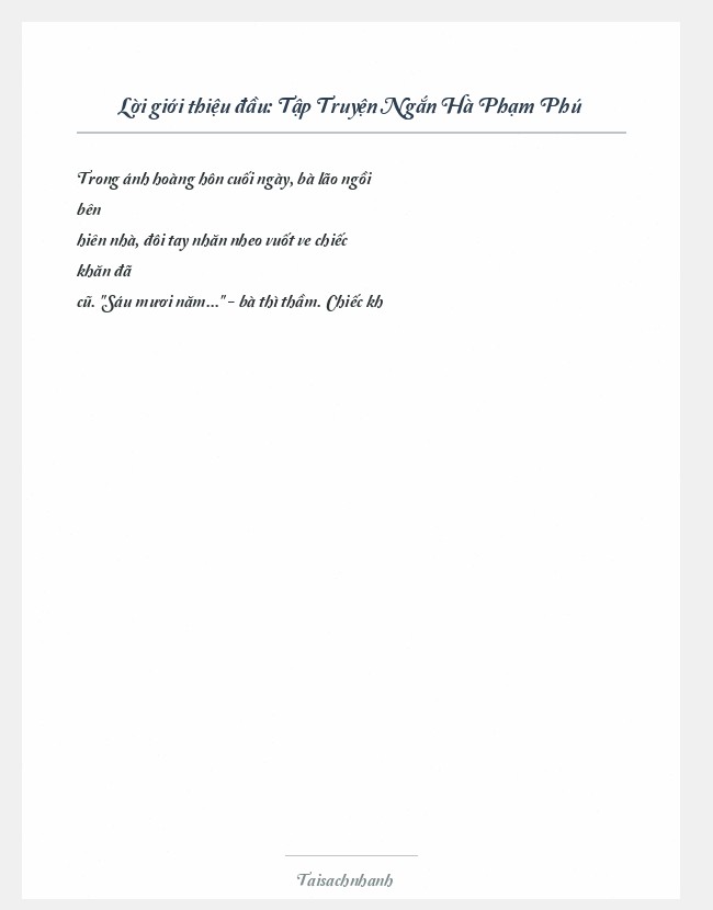 Trích đoạn Tập Truyện Ngắn Hà Phạm Phú