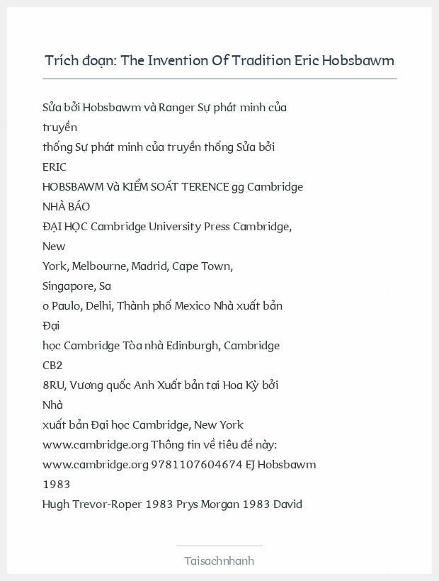 Trích đoạn The Invention Of Tradition Eric Hobsbawm