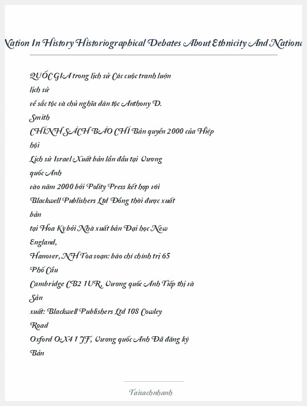 Trích đoạn The Nation In History Historiographical Debates About Ethnicity And Nationalism Anthony D