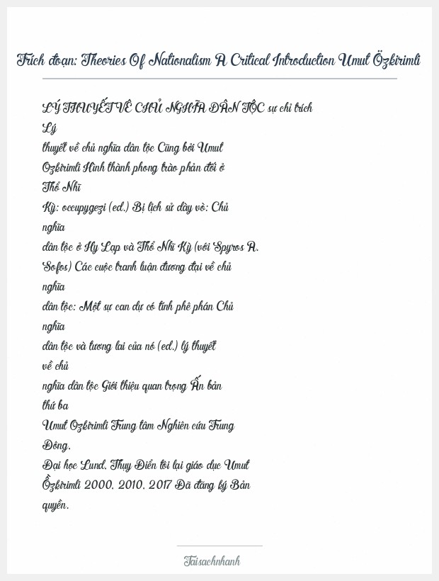 Trích đoạn Theories Of Nationalism A Critical Introduction Umut Özkirimli