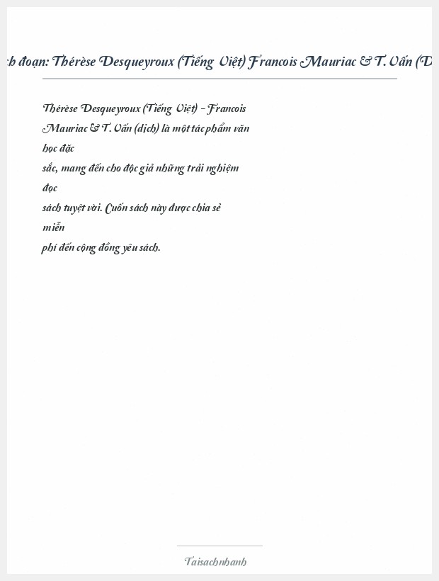 Trích đoạn Thérèse Desqueyroux (Tiếng Việt) Francois Mauriac & T.Vấn (Dịch)