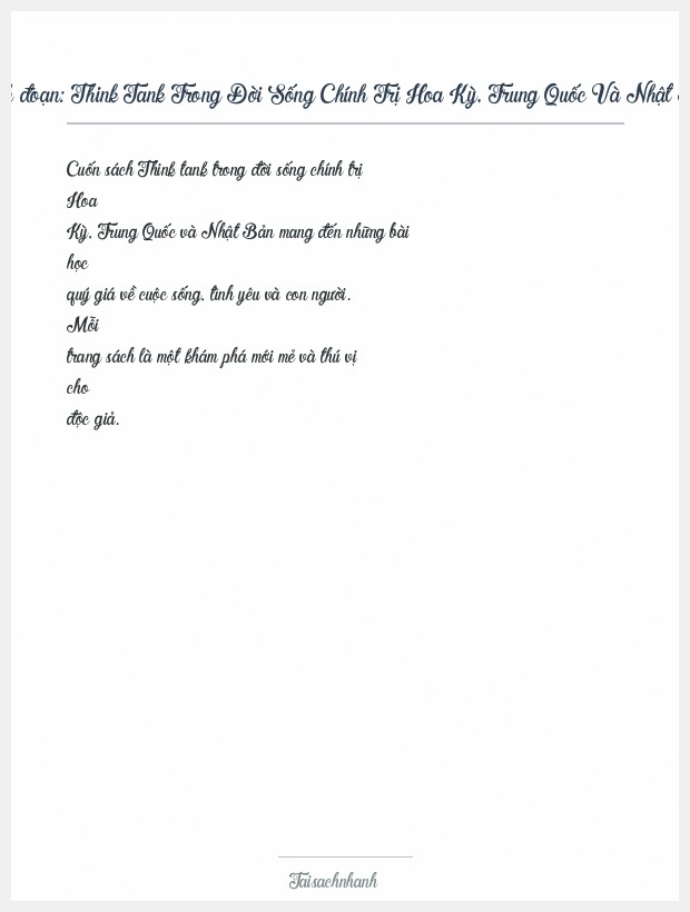 Trích đoạn Think Tank Trong Đời Sống Chính Trị Hoa Kỳ, Trung Quốc Và Nhật Bản