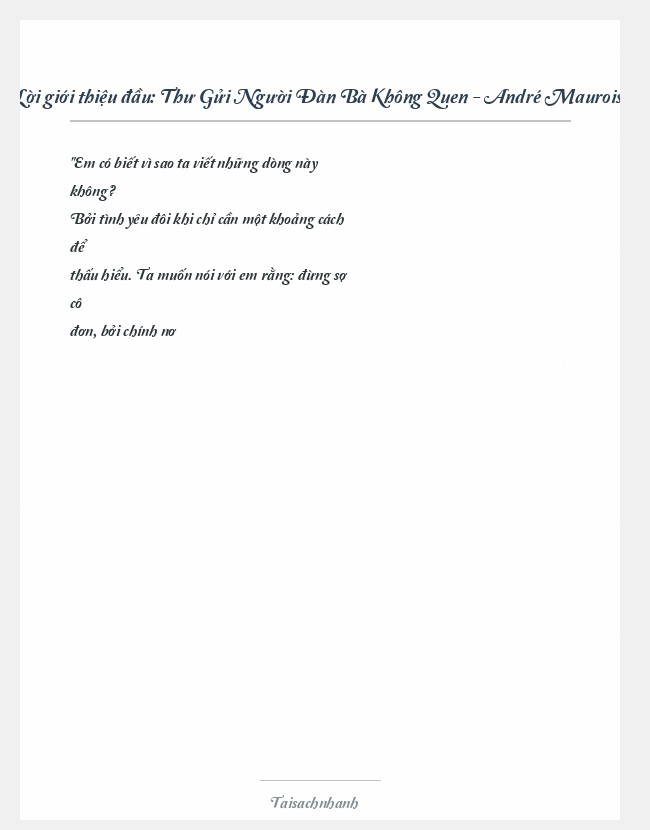 Trích đoạn Thư Gửi Người Đàn Bà Không Quen - André Maurois