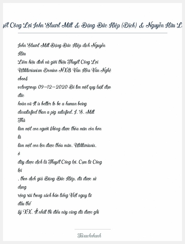 Trích đoạn Thuyết Công Lợi John Stuart Mill & Đặng Đức Hiệp (Dịch) & Nguyễn Hữu Liêm (Hiệu Đính)