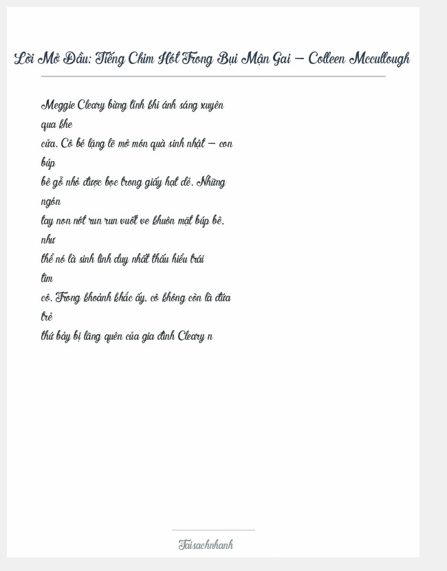 Trích đoạn Tiếng Chim Hót Trong Bụi Mận Gai - Colleen Mccullough