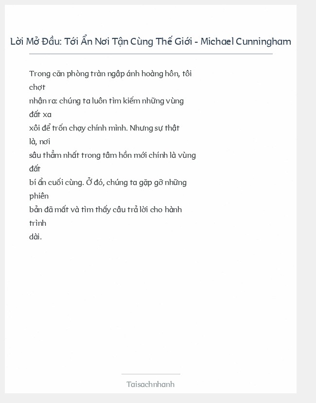 Trích đoạn Tới Ẩn Nơi Tận Cùng Thế Giới - Michael Cunningham