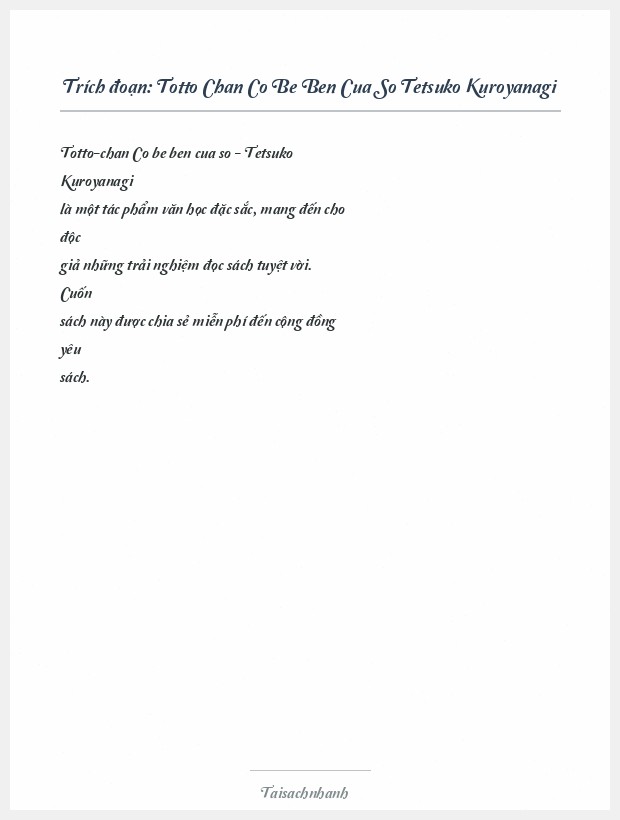 Trích đoạn Totto Chan Co Be Ben Cua So Tetsuko Kuroyanagi