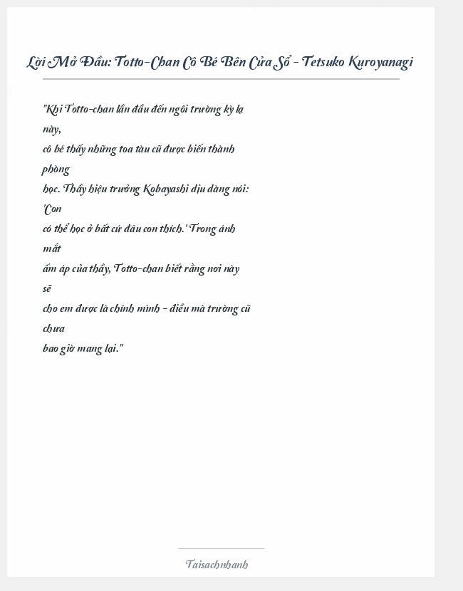 Trích đoạn Totto-Chan Cô Bé Bên Cửa Sổ - Tetsuko Kuroyanagi