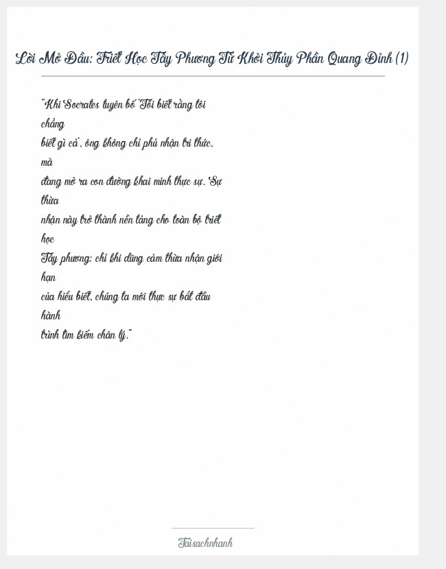 Trích đoạn Triết Học Tây Phương Từ Khởi Thủy Phần Quang Đỉnh (1)