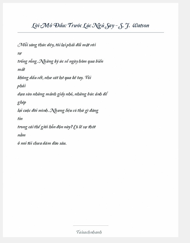 Trích đoạn Trước Lúc Ngủ Say - S. J. Watson