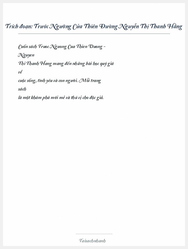 Trích đoạn Trước Ngưỡng Cửa Thiên Đường Nguyễn Thị Thanh Hằng