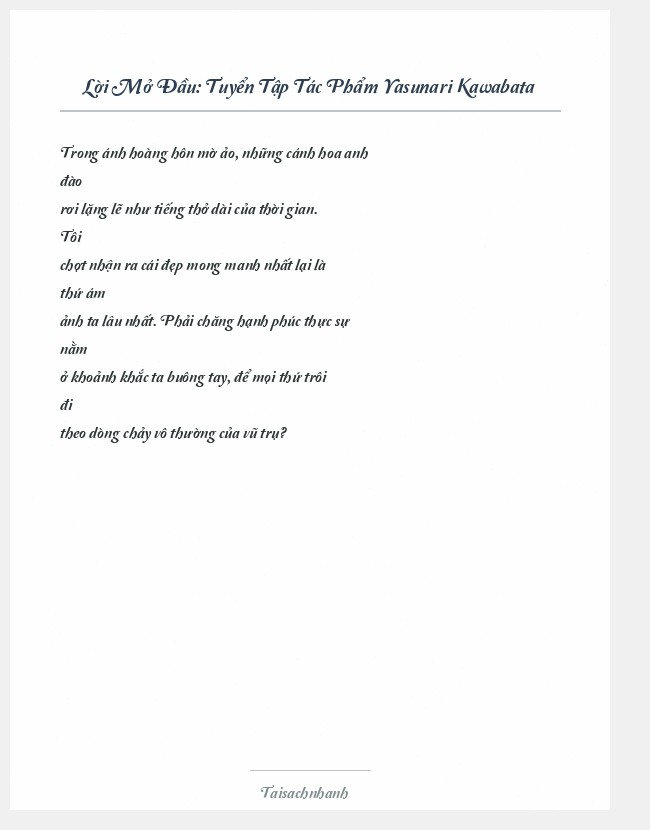 Trích đoạn Tuyển Tập Tác Phẩm Yasunari Kawabata