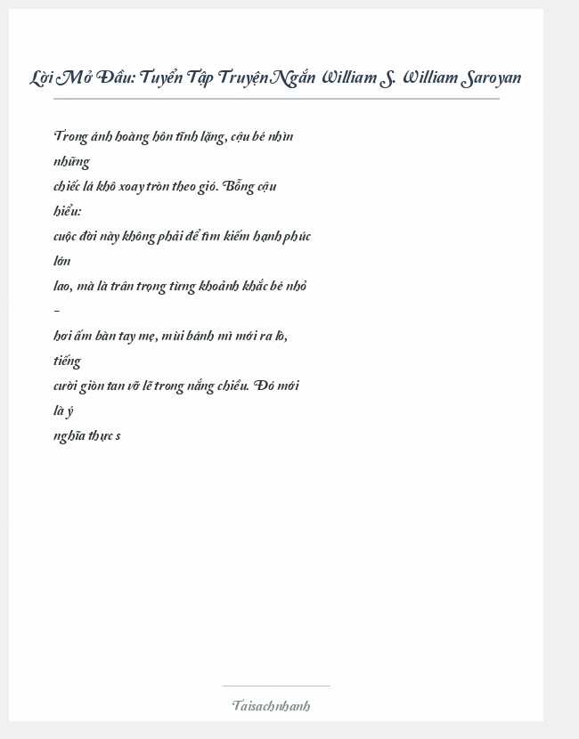 Trích đoạn Tuyển Tập Truyện Ngắn William S. William Saroyan