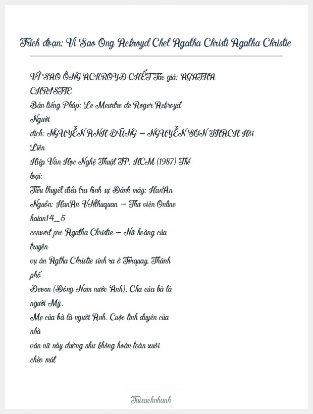 Trích đoạn Vi Sao Ong Ackroyd Chet Agatha Christi Agatha Christie