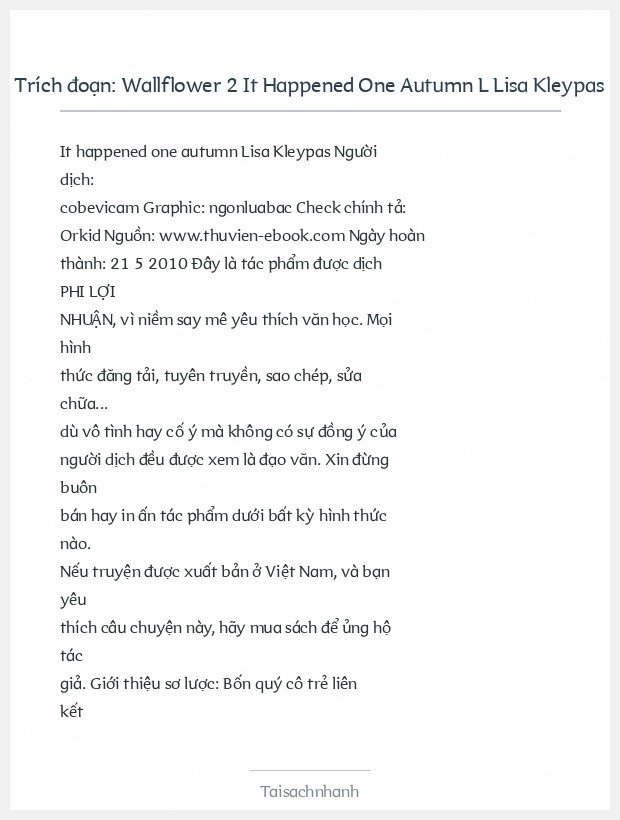 Trích đoạn Wallflower 2 It Happened One Autumn L Lisa Kleypas