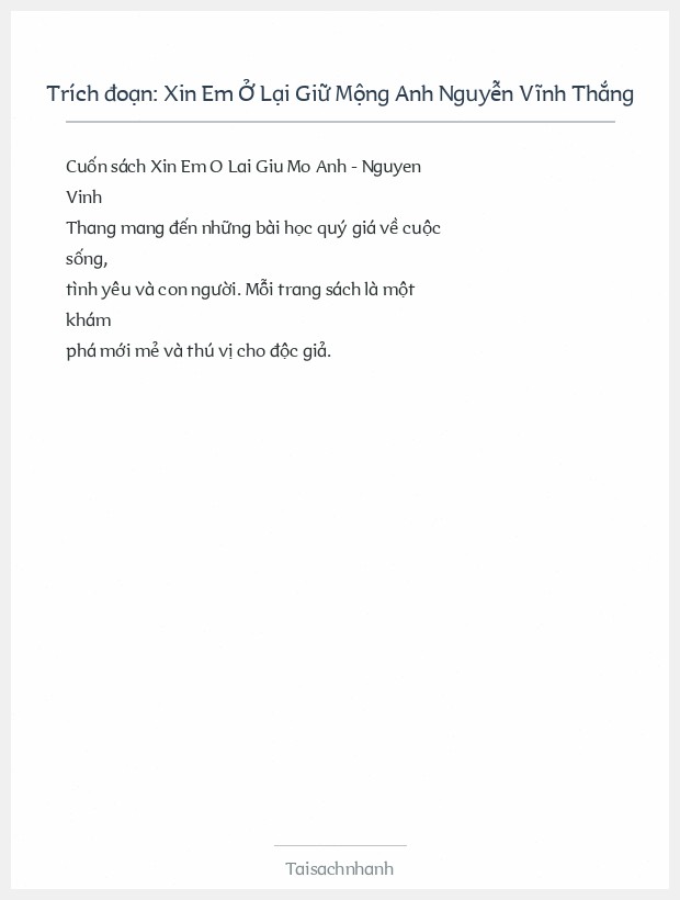 Trích đoạn Xin Em Ở Lại Giữ Mộng Anh Nguyễn Vĩnh Thắng