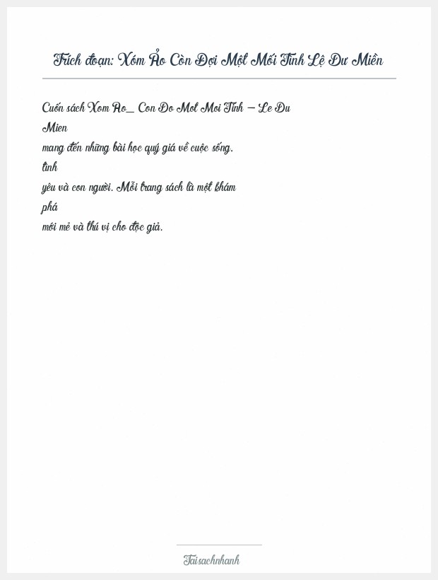 Trích đoạn Xóm Ảo Còn Đợi Một Mối Tình Lệ Dư Miền