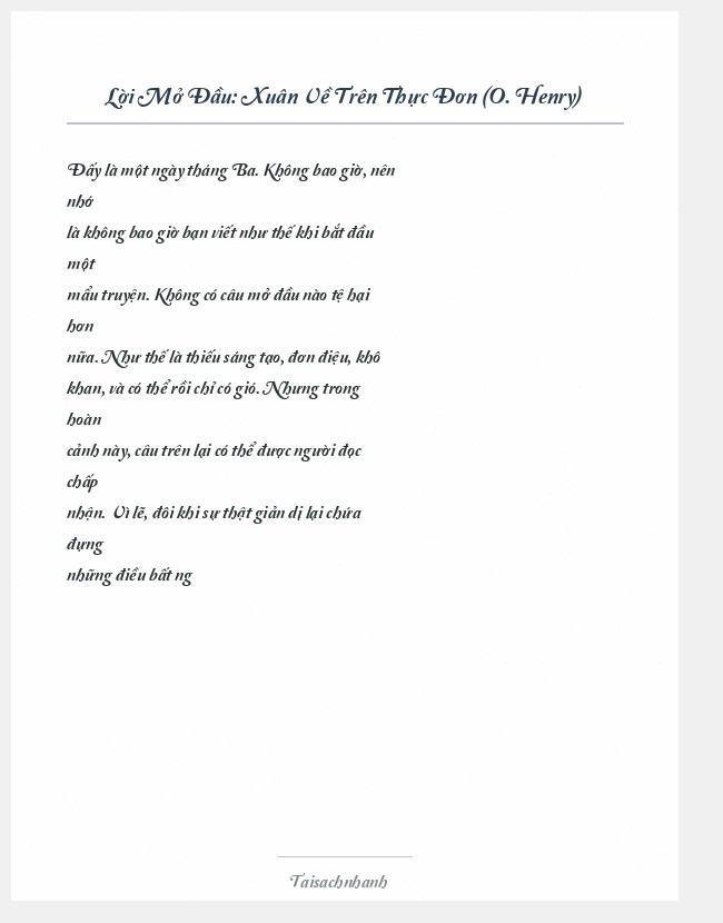 Trích đoạn Xuân Về Trên Thực Đơn (O. Henry)
