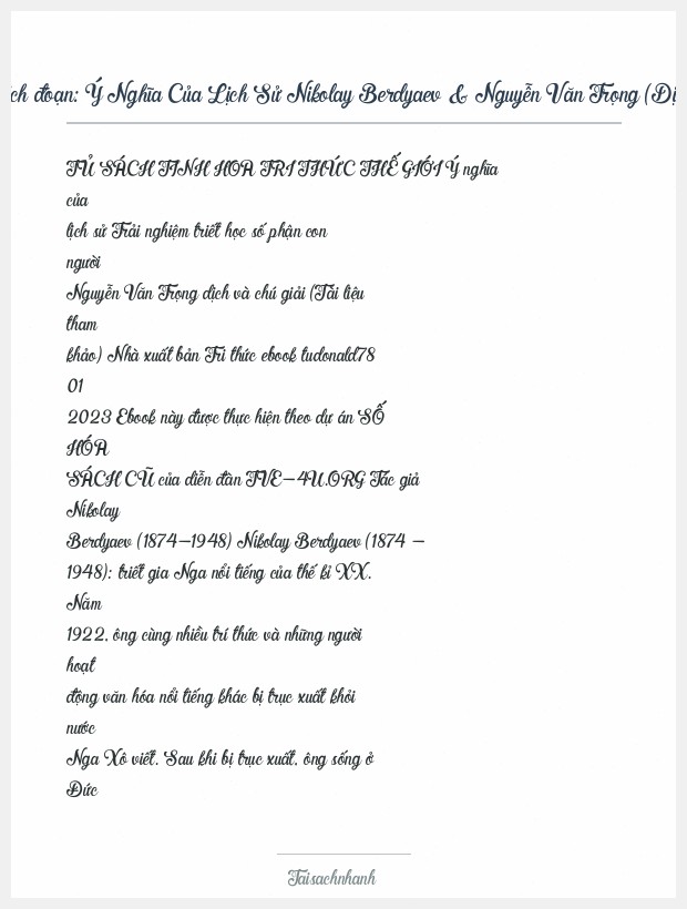 Trích đoạn Ý Nghĩa Của Lịch Sử Nikolay Berdyaev & Nguyễn Văn Trọng (Dịch)