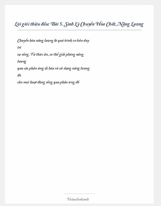 Trích đoạn Bài 5. Sinh Lý Chuyển Hóa Chất, Năng Lượng