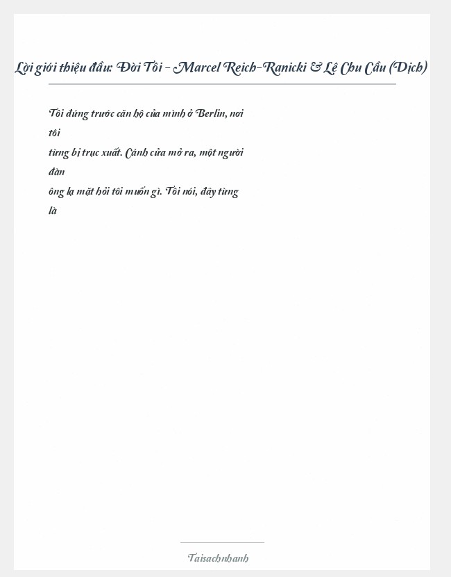 Trích đoạn Đời Tôi - Marcel Reich-Ranicki & Lê Chu Cầu (Dịch)