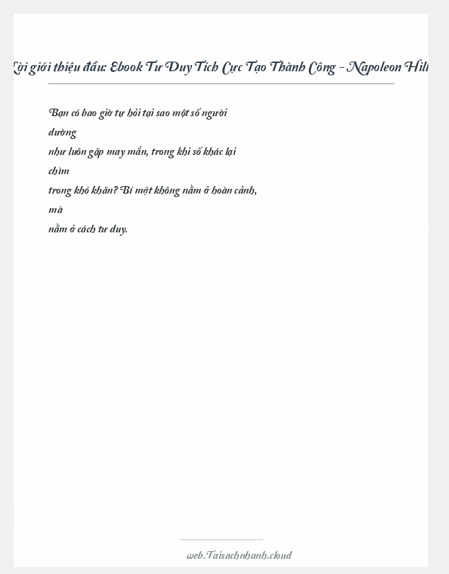 Trích đoạn Ebook Tư Duy Tích Cực Tạo Thành Công - Napoleon Hill
